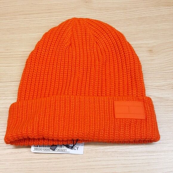 TOMMY HILFIGER Mens Beanie Hat Orange Shaker Cuff Logo Ghost Patch - Picture 1 of 5